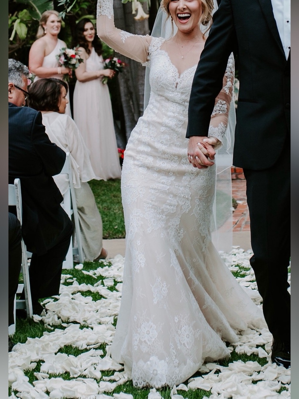 Sheer-Sleeve Lace Mermaid Wedding Dress in Ivory & blush - illusion backless